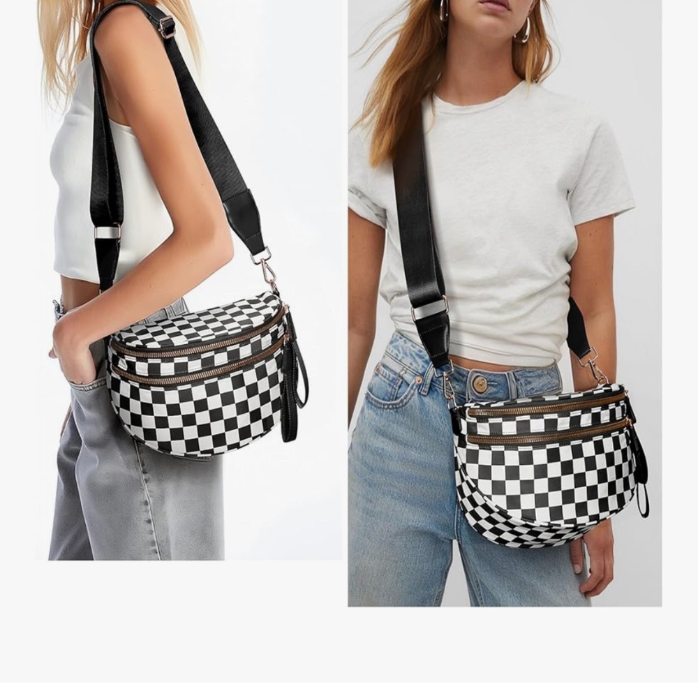 Black & White Checkered Crossbody Bag | Adjustable Strap | Double Zip